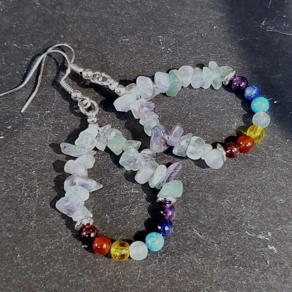 Artisan Rainbow Fluorite 7 Chakras Yoga Om Mindful Gemstone Teardrop Earrings